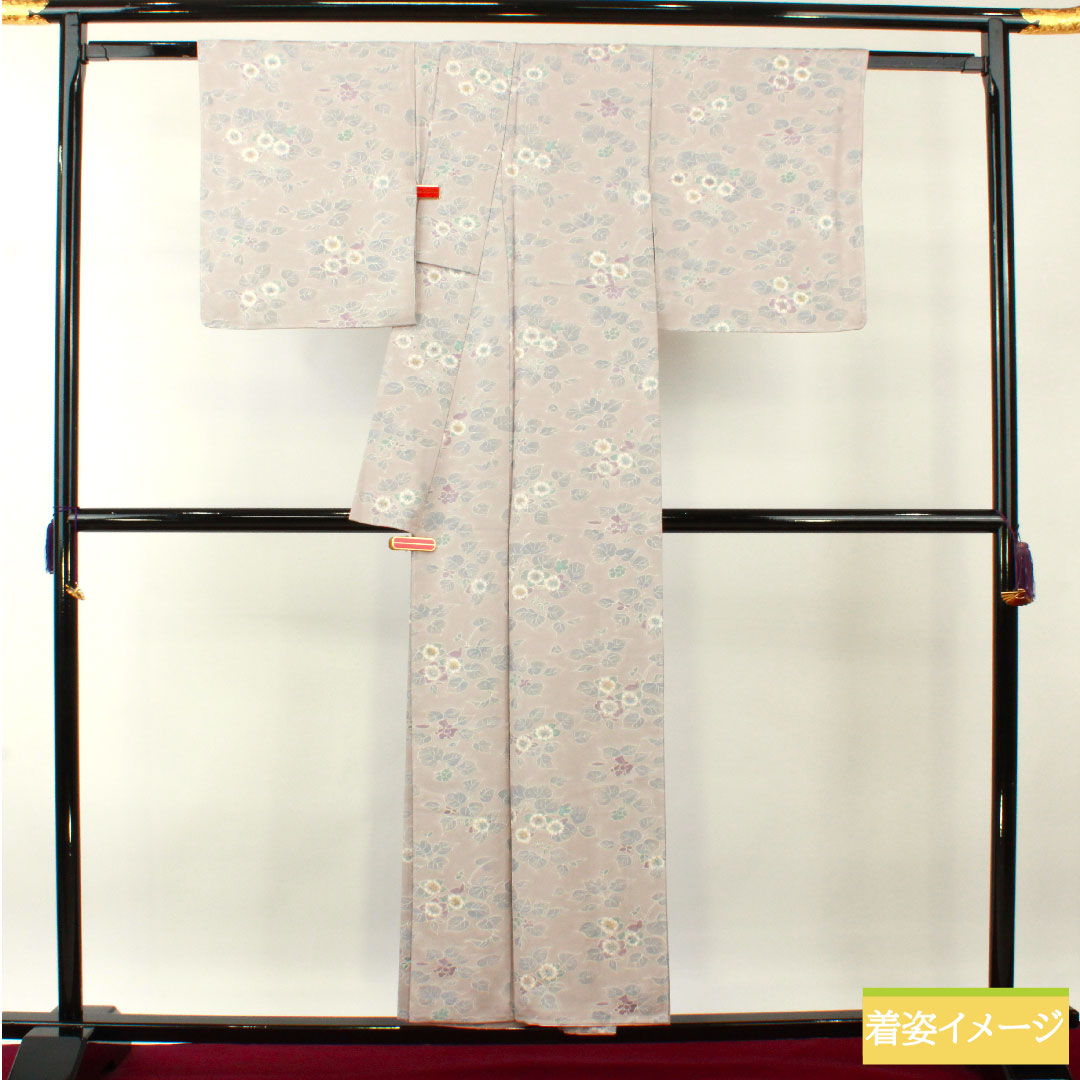 Komon, pure silk, length 154cm, sleeve length 64.5cm, lined, Komachi gray, floral pattern, basting thread included, unused, S rank, gray, 1115004332222