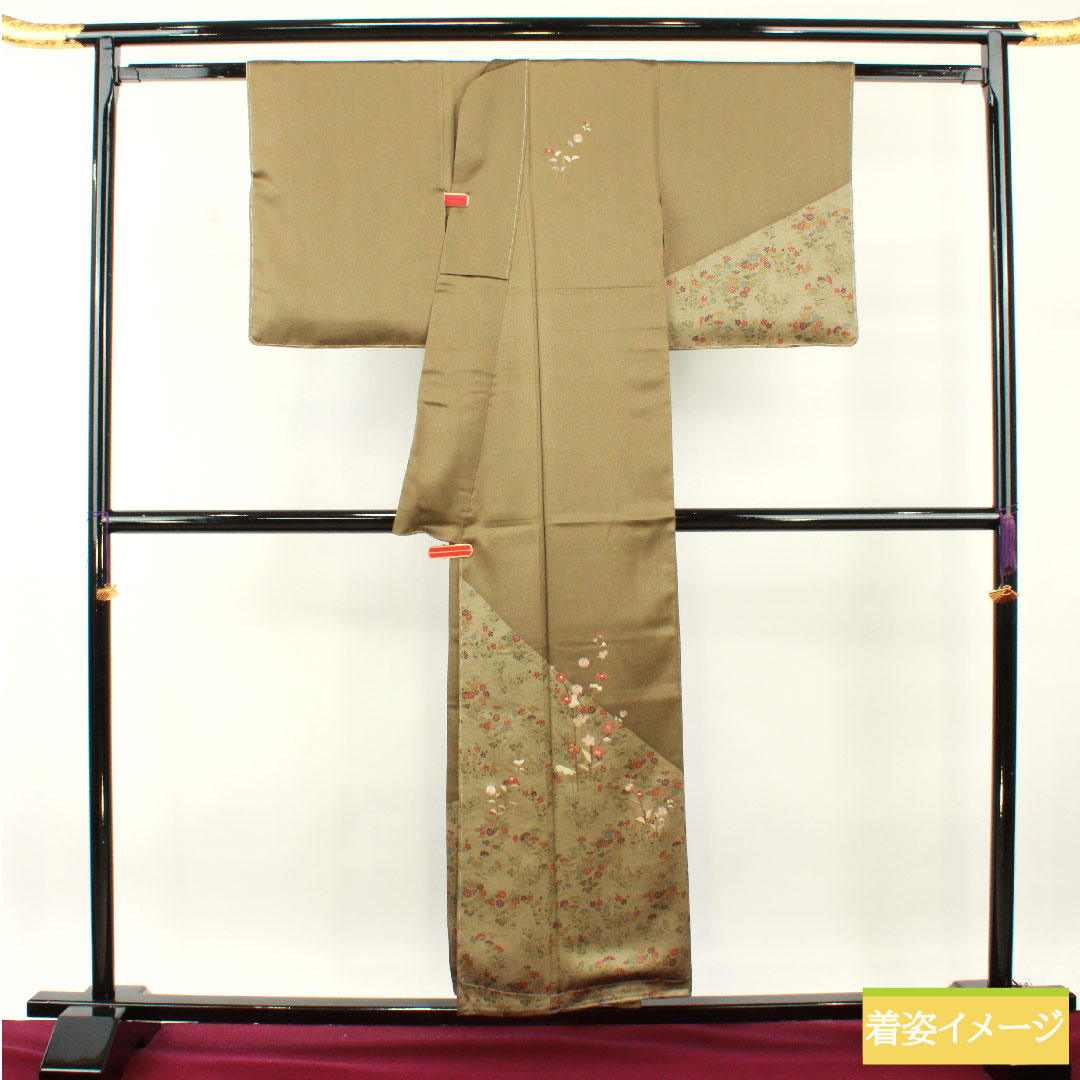 Homongi, pure silk, lined, length 154cm, sleeve length 63cm, kobi chairo (light brown), floral pattern, with basting thread, A rank, green, 1112004523219