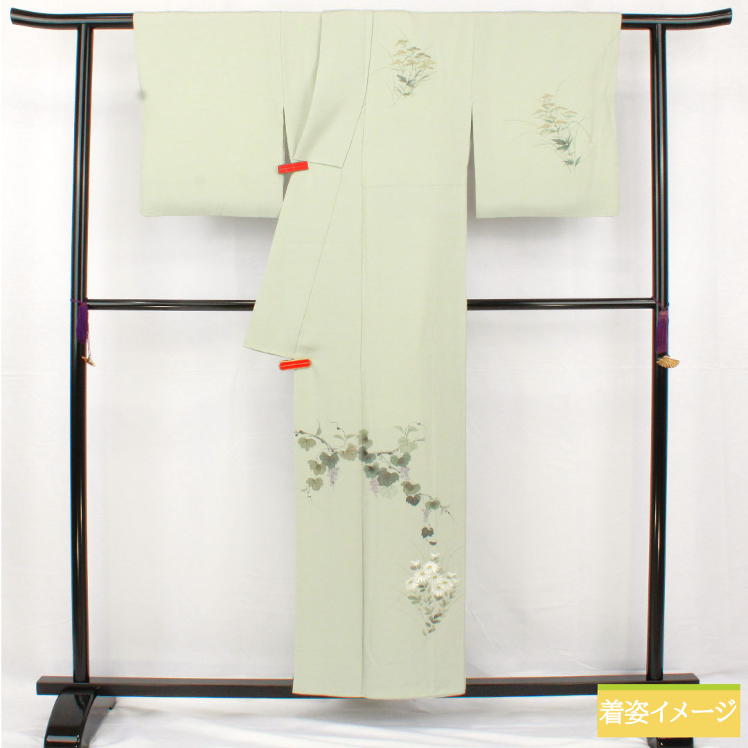 訪問着 正絹 袷 身丈155cm 裄丈65cm 白緑色(びゃくろくいろ) 草花模様 スコッチガード 付下げ Aランク 水色系 1112005453324