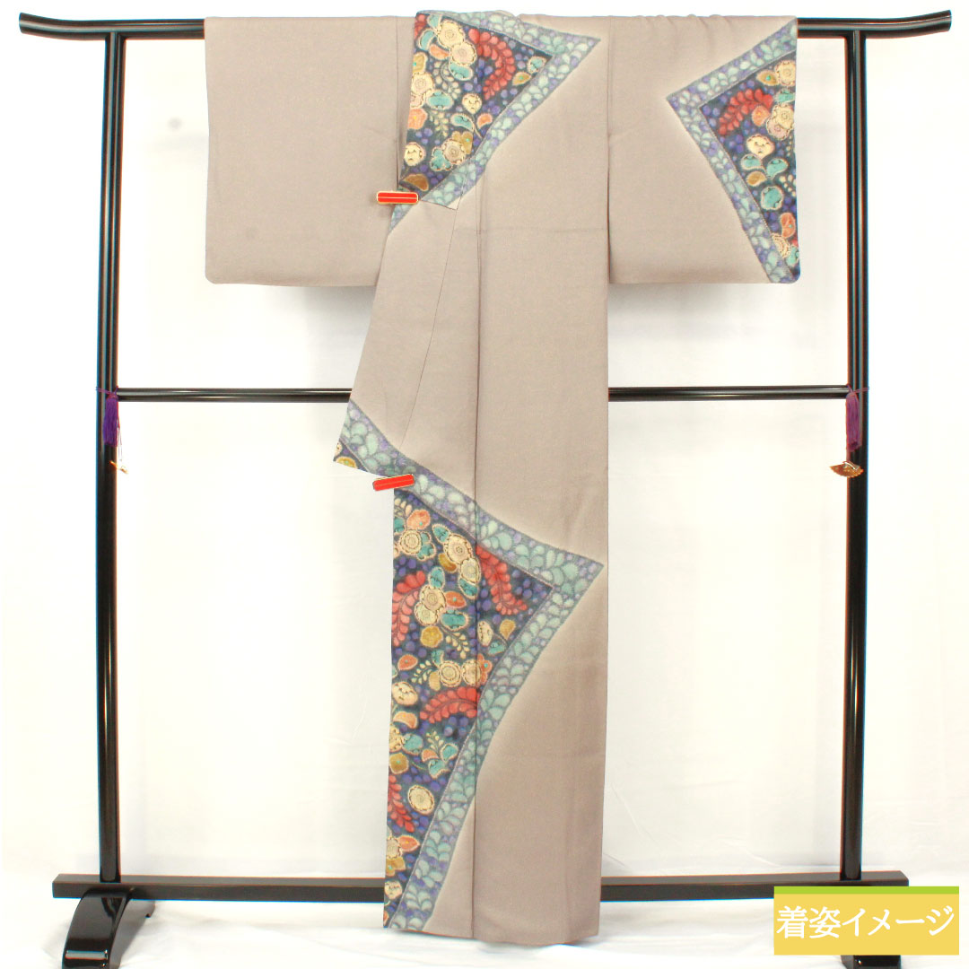Homongi (formal kimono) made of pure silk, lined, length 159.5cm, sleeve length 64.5cm, purple-gray, Tsujigahana pattern, gold thread, A-rank, gray, 1112005063322