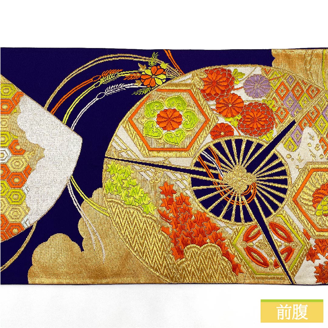 Fukuro Obi, pure silk, blue-purple, fan-shaped, tortoiseshell, chrysanthemum, diamond, obi length 422cm, S rank, six-pass, formal, purple, 1123011782320