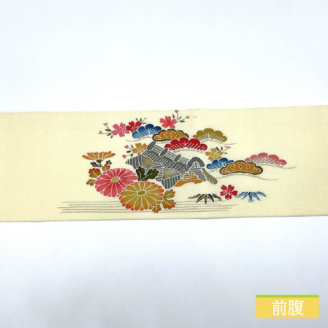 Nagoya obi, pure silk, milky white color, crepe fabric, dyed obi, pine, obi length 356cm, A rank, point pattern, semi-formal, cream color, 1124007293315, Nagoya style