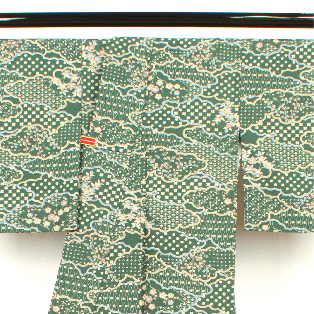 Small pattern, Length 160cm, Sleeve length 62.5cm, Awase, Light green, Washable kimono, Cloud pattern, Floral pattern, Polyester, S rank, Green, 1115002572419