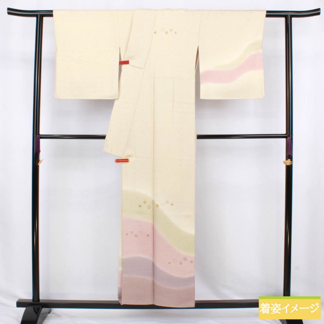 訪問着 正絹 Sランク 袷 身丈158cm 裄丈66cm 生成り色(きなりいろ) 付下げ 京友禅 雪輪 白系 1112006782311