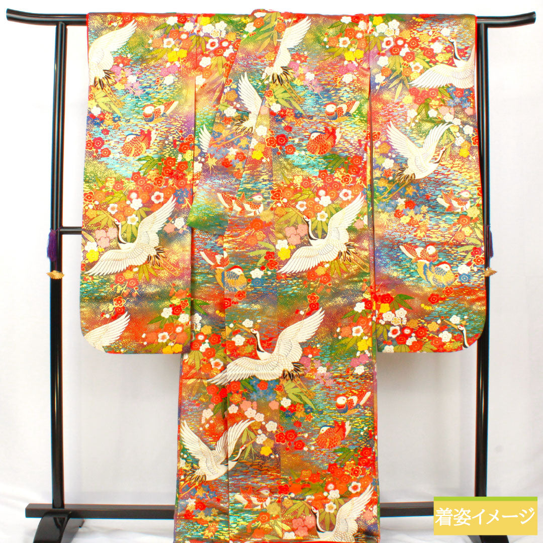 Irodourou Uchikake (Colored Kimono) - Pure Silk, S Rank, Length 192cm, Sleeve Length 67cm, Karaori Weave, Crane, Mandarin Duck, Plum Blossom, and Bamboo Design, Lined, Gradient Pattern, 1110000892999