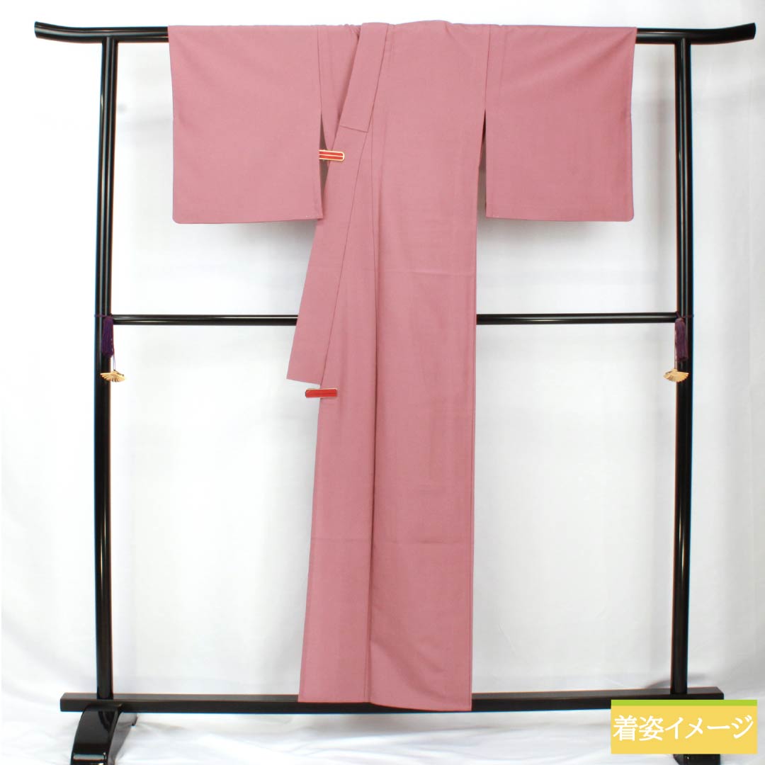 Solid-colored polyester kimono, length 156cm, sleeve length 65.5cm, with a red obi (taikoshoku), washable, single-layer kimono, S rank, pink, product number 1114002142313