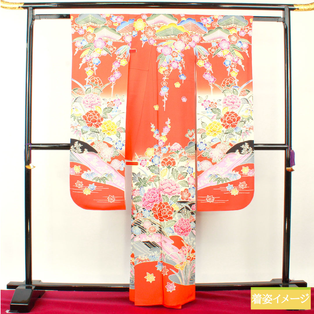 Furisode (long-sleeved kimono) made of pure silk, length 162.5cm, sleeve length 63.5cm, lined, silver-vermilion, Kyoto Bingata, auspicious motif, S rank, vermilion, 1113002112416