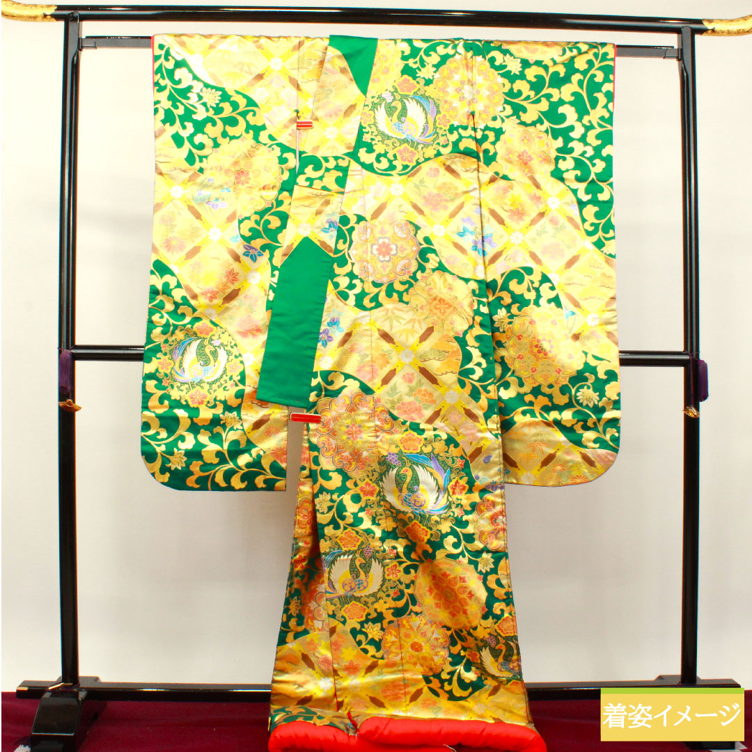 Colored uchikake, pure silk, length 196cm, sleeve length 68.5cm, gold leaf finish, phoenix, cloisonne, floral pattern, auspicious motif, S rank, lined, green, 1110000692919