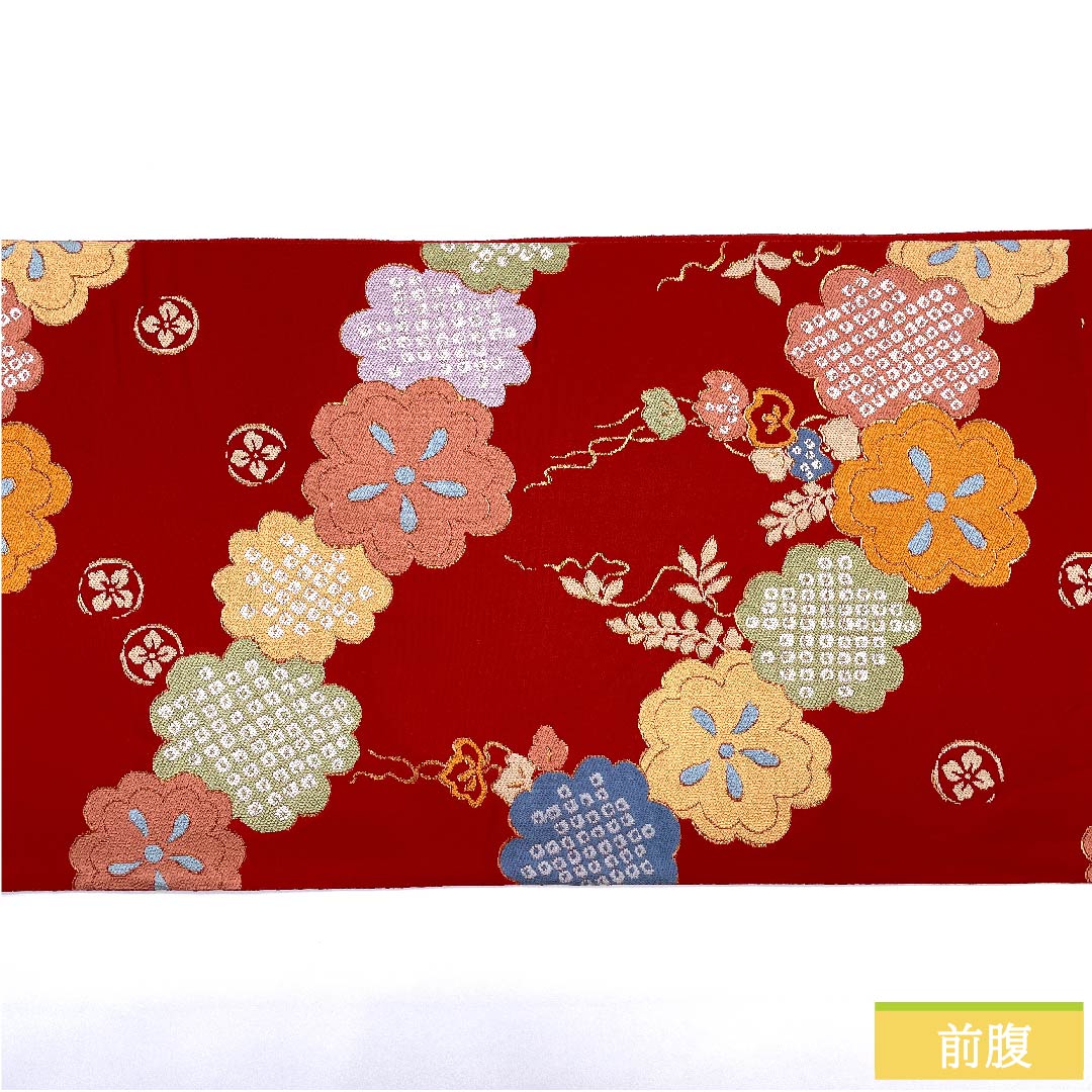 Fukuro Obi (Bag) in Red Silk (Momiiro) Classical Pattern, Floral Pattern, Length 434cm, Pure Silk, S Rank, Six-way, Casual, Red, 1123009682312