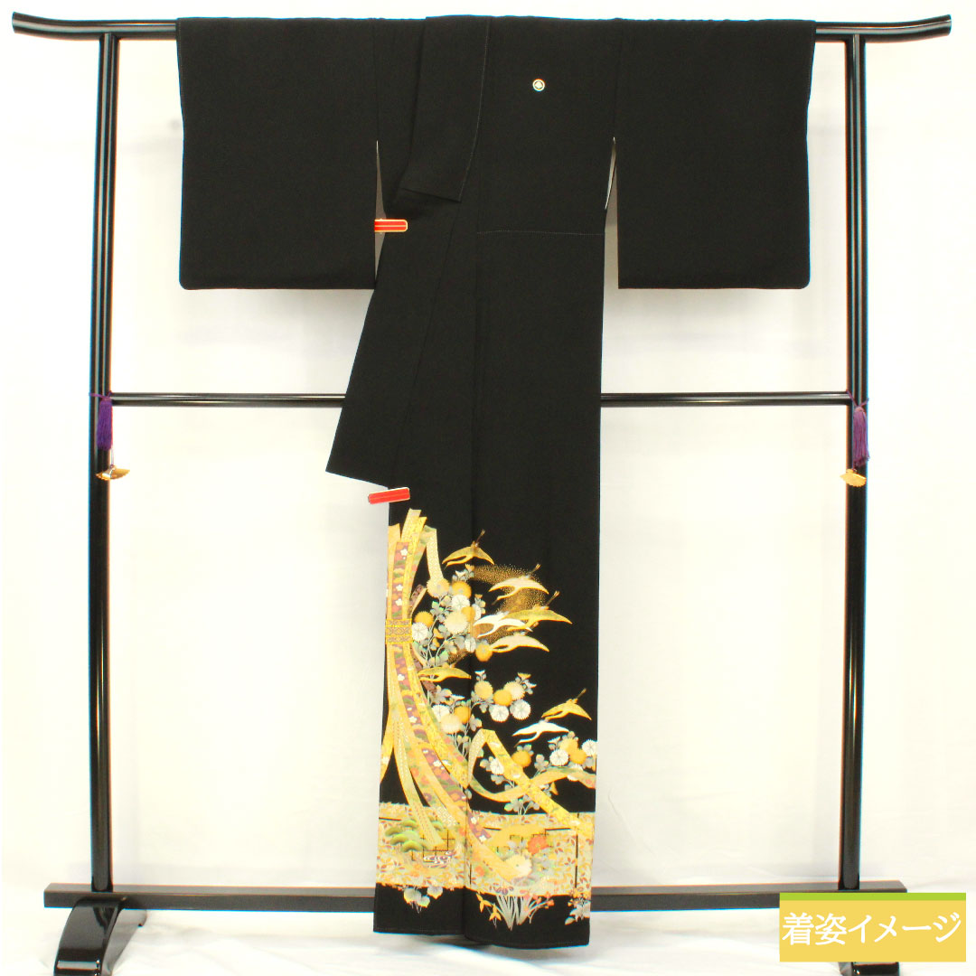 黒留袖 正絹 身丈160cm 裄丈65cm 袷 京友禅 熨斗 鶴 五つ紋 丸に三階菱 三松シルクケア Sランク 黒系 1111001532410