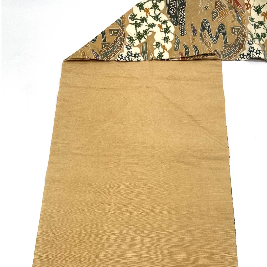 名古屋帯 薄い朽葉色 ちりめん地 花柄 蝶々柄 鳥柄 帯丈353cm 正絹 Aランク 六通 カジュアル ベージュ系 1124004723325 名古屋仕立て