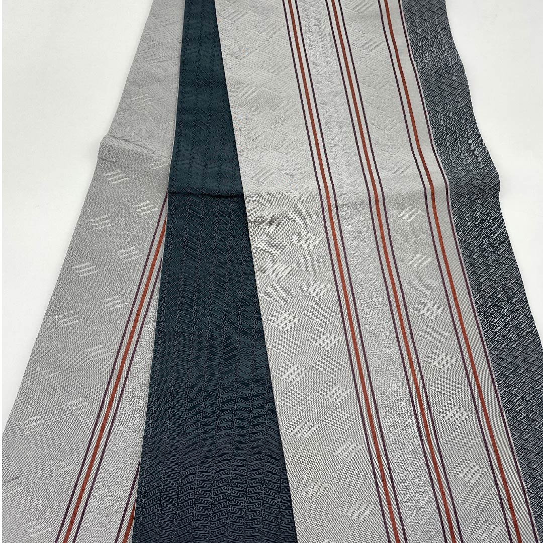 名古屋帯 京袋帯 菱模様 グレー系濃淡 帯丈381cm ポリ Sランク 全通 カジュアル グレー系 1124003422322 開き仕立て