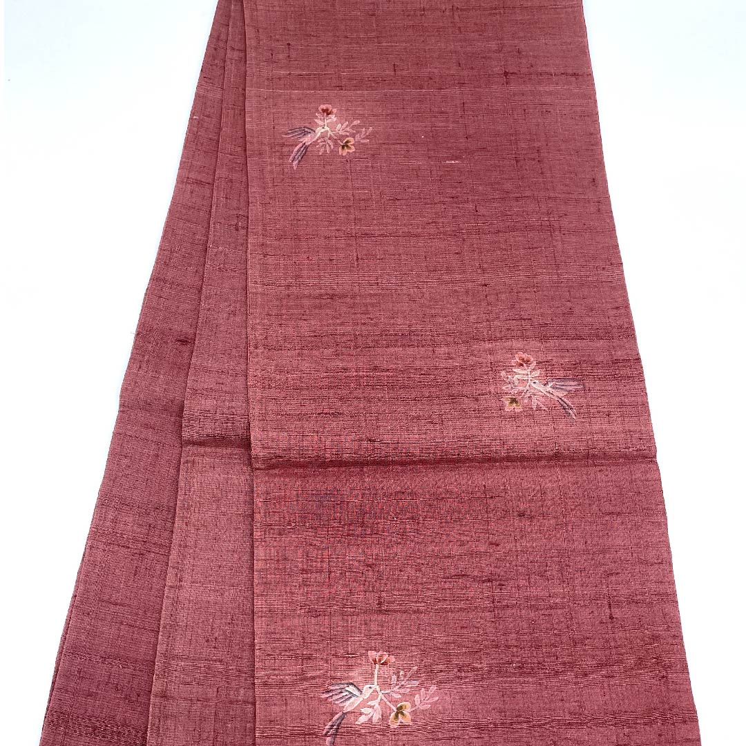 袋帯 蘇芳色(すおういろ) 紬地 唐花模様 小鳥模様 帯丈439cm 正絹 Sランク ポイント柄 カジュアル 紫系 1123009422320