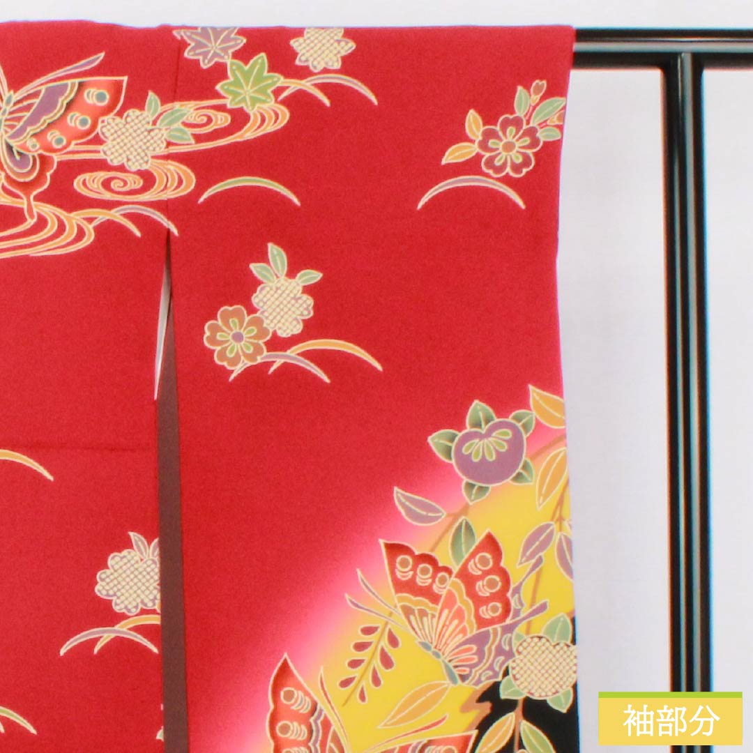振袖 正絹 Aランク 身丈158.5cm 裄丈67cm 袷 紅赤色(べにあかいろ) 京紅型 吉祥文様 蝶 菖蒲 橘 赤系 1113002283312