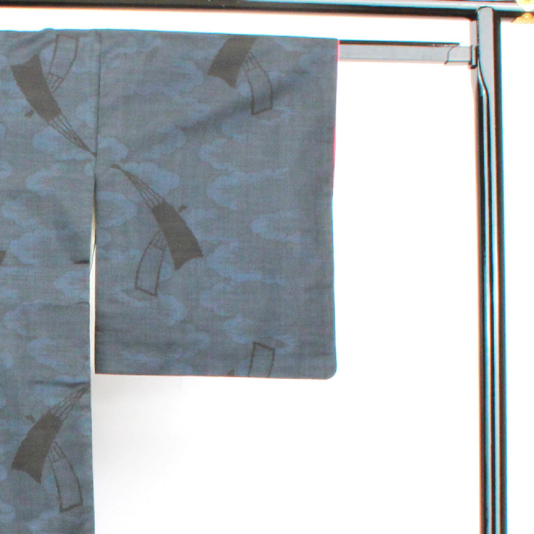 Oshima Tsumugi, Length 164cm, Sleeve length 62cm, Warp and weft ikat, Fan, Pure silk, A rank, Lined, Navy blue, 1116002623418