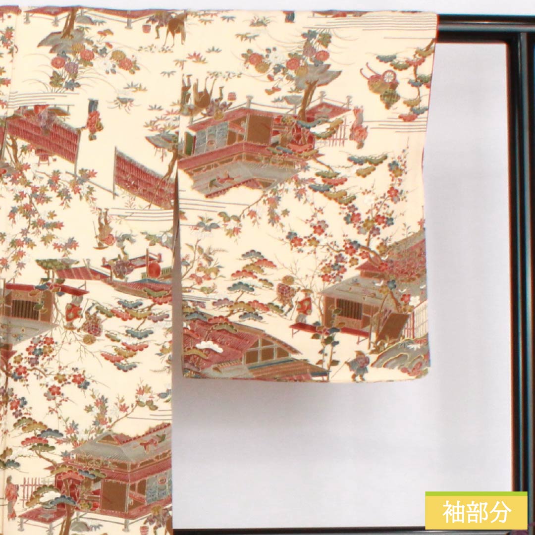小紋 正絹 身丈156.5cm 裄丈62cm 袷 砥粉色(とのこいろ) 型染 時代絵巻 Bランク クリーム系 1115005054315