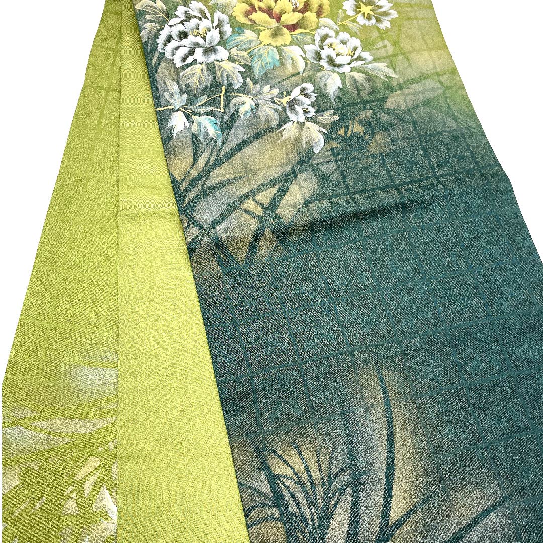 Fukuro Obi (Pine Needle Color) Flower Pattern Dyed Obi Length 440cm Pure Silk B Rank Point Pattern Semi-Formal Green 1123005534319
