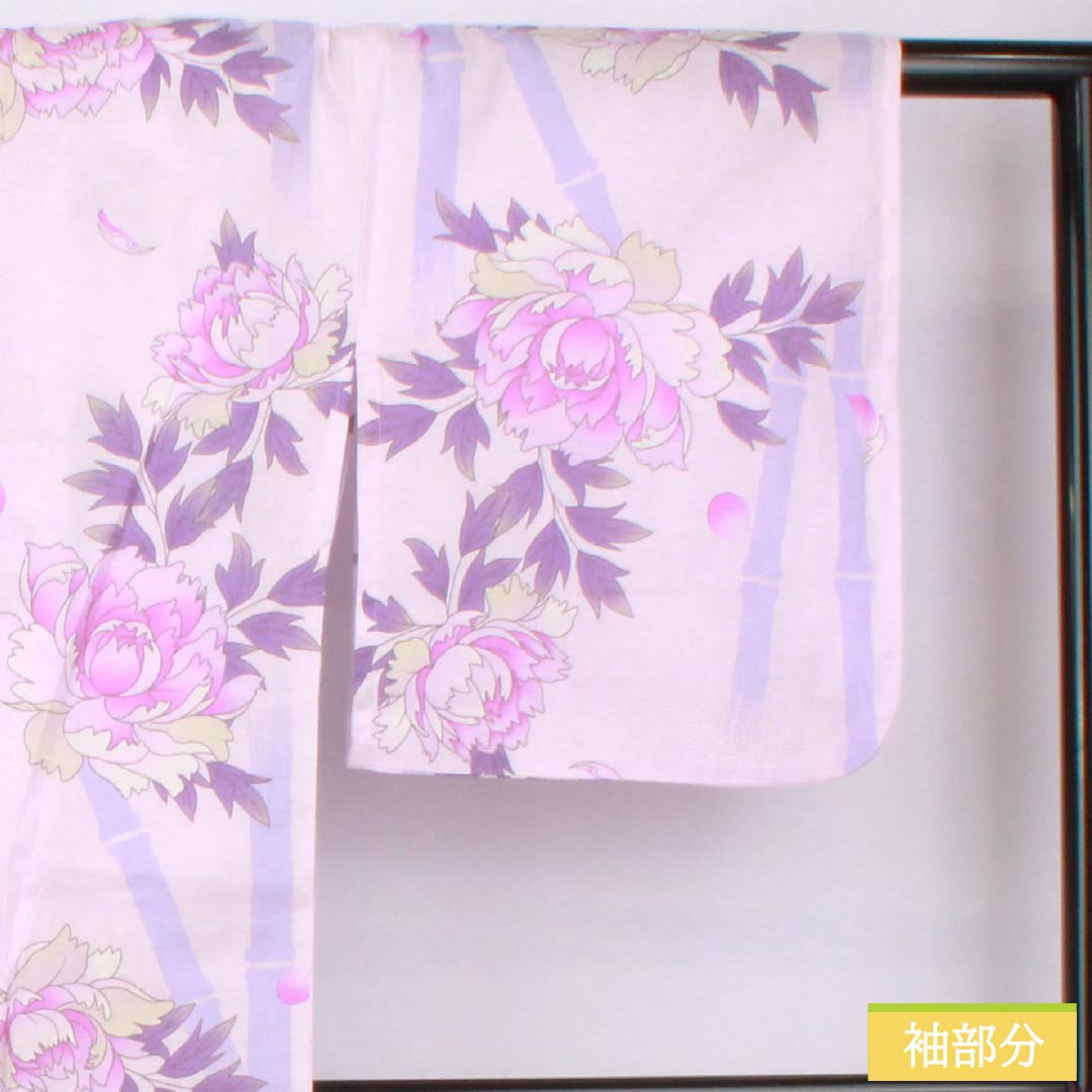 Cotton Yukata, Length 166cm, Sleeve Length 67.5cm, A-Rank, Single-Layer, Purple with Light Wisteria (Usu-Fujiiro), Peony and Bamboo Design, Product Number: 1118006053520
