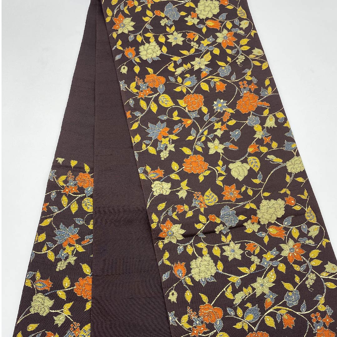 Fukuro Obi (Fukuro obi) in Shigokuiro (color of the ultimate essence), floral arabesque pattern, obi length 428cm, pure silk, S rank, six-pass, casual, purple, 1123006732320