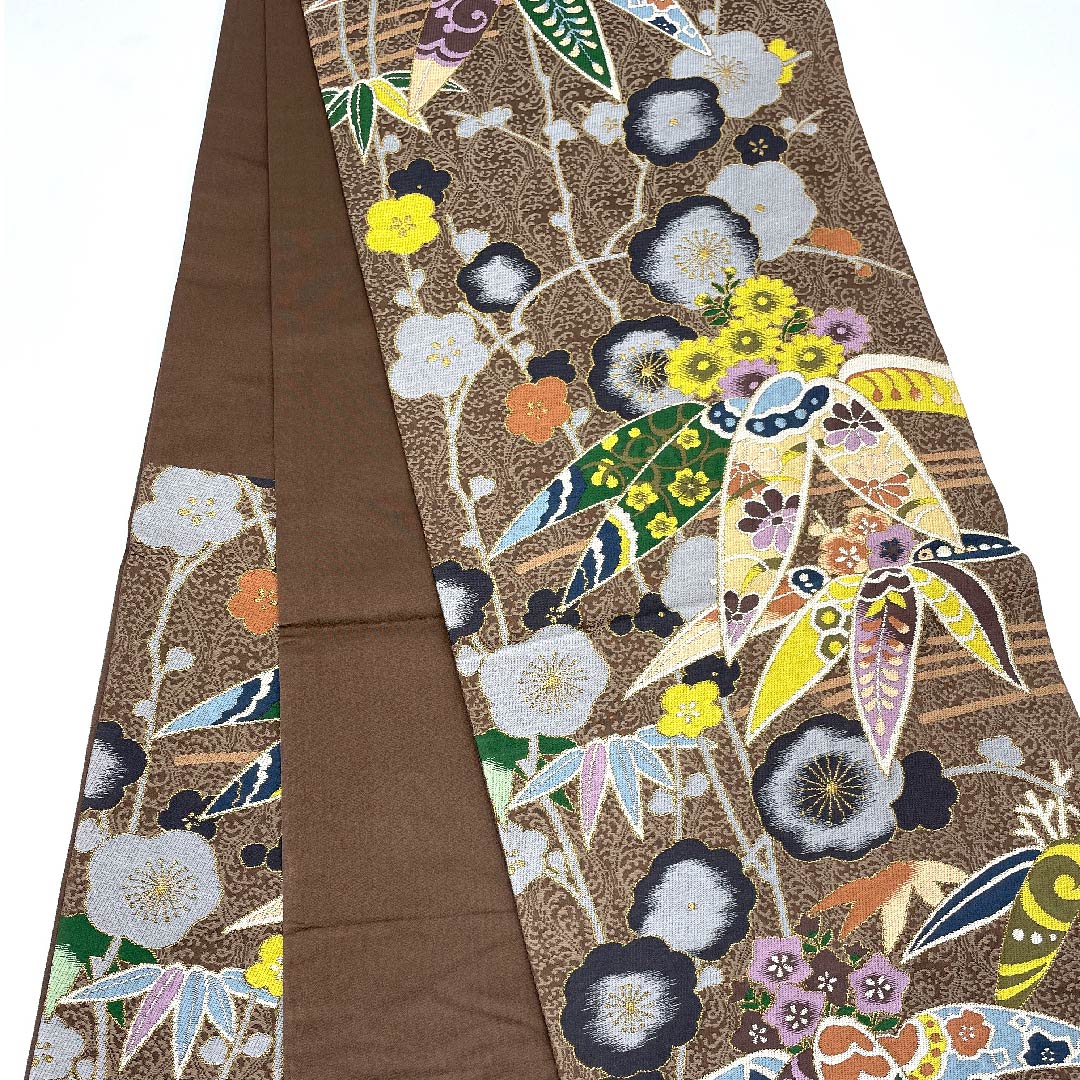 袋帯 鳶色(とびいろ) 松竹梅 桜 白綾苑大庭 帯丈432cm 正絹 Aランク 六通 フォーマル 茶系 1123006153314