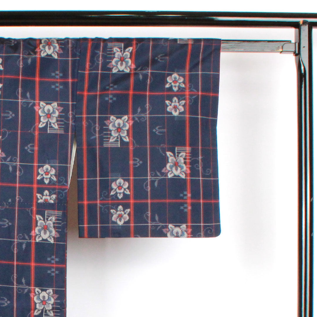Murayama Oshima Length 160cm Sleeve length 64.5cm Ensemble Lattice Flower pattern Pure silk S rank Awase Navy 1116001932418