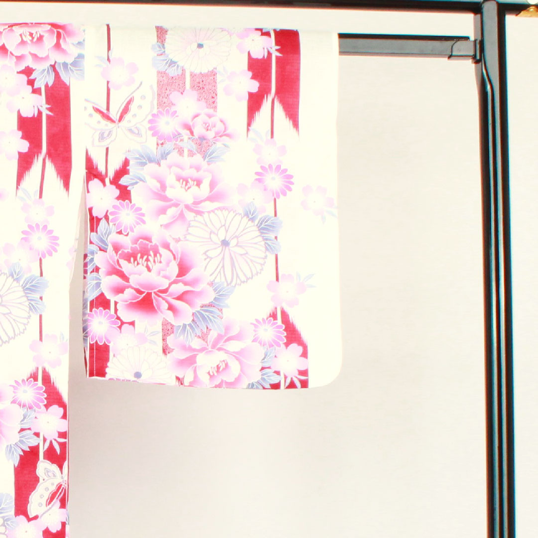 Yukata, floral pattern, cotton, S rank, single layer, length 161.5cm, sleeve length 65.5cm, white, 1118001472411