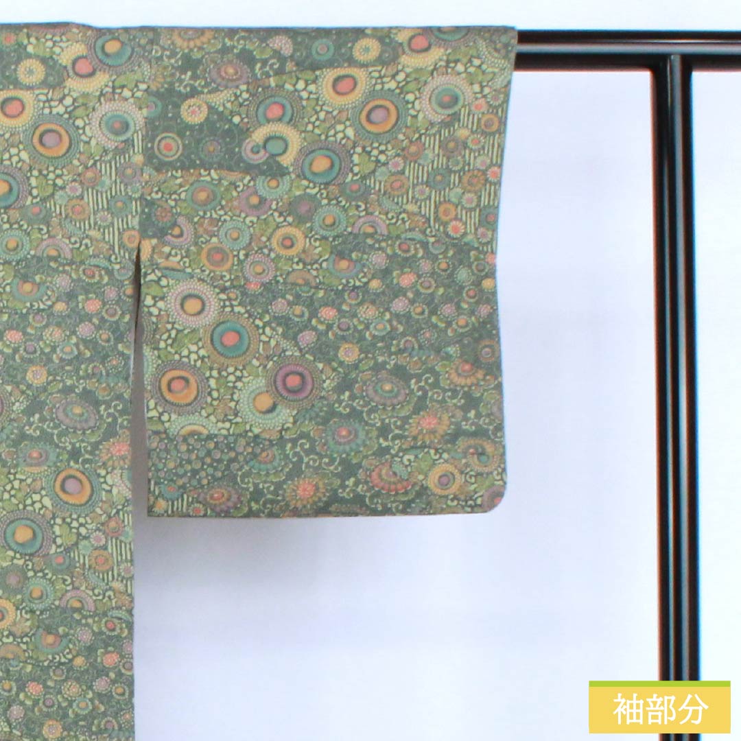 小紋 正絹 Aランク 身丈155.5cm 裄丈64cm 袷 鉄色(てついろ) 江戸小紋 南部幸雄 菊 割付文様 緑系 1115007243319