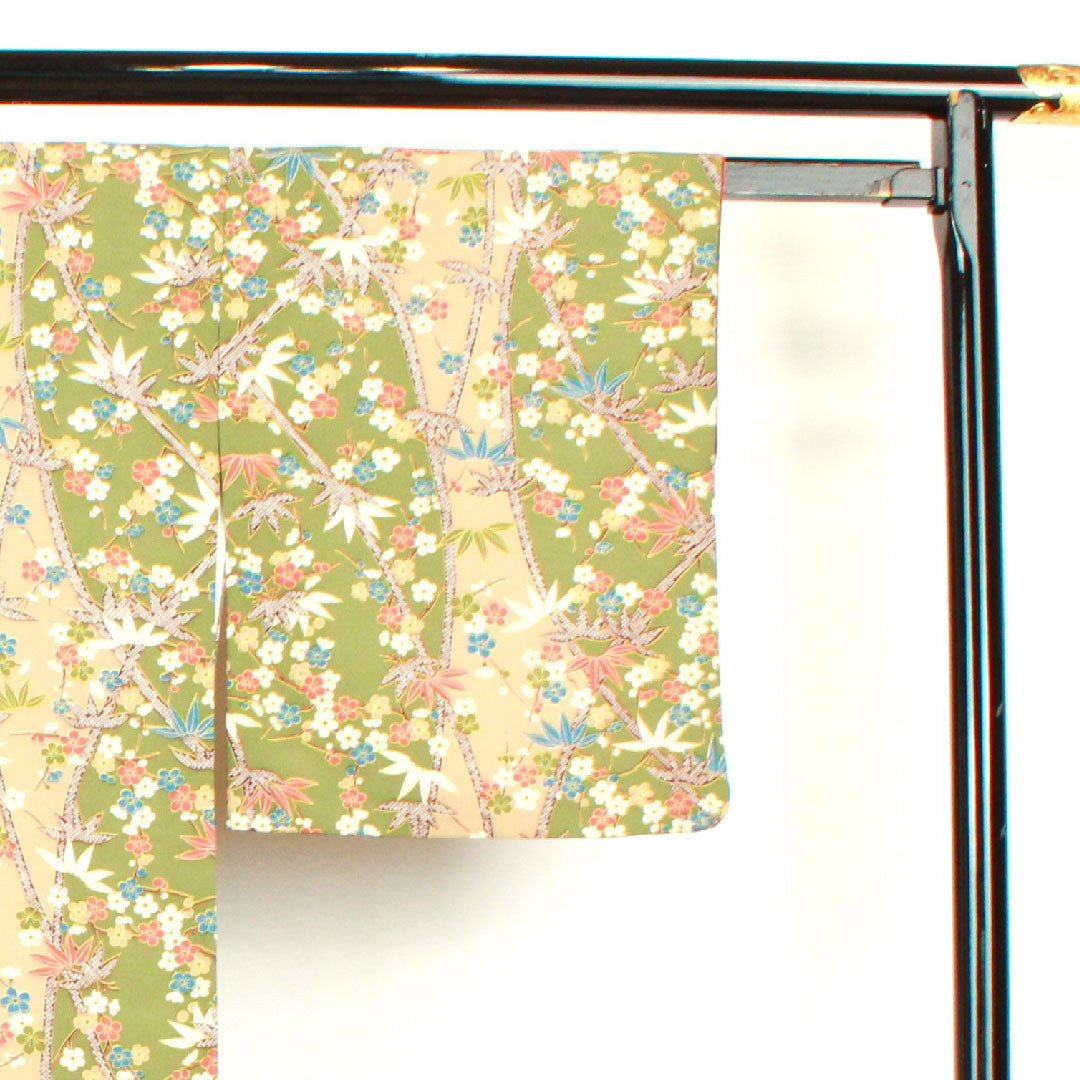 Small pattern, Length 164cm, Sleeve length 66.5cm, Lined, Willow brown, Washable kimono, Bamboo, Plum, Polyester, S rank, Green, 1115002552419