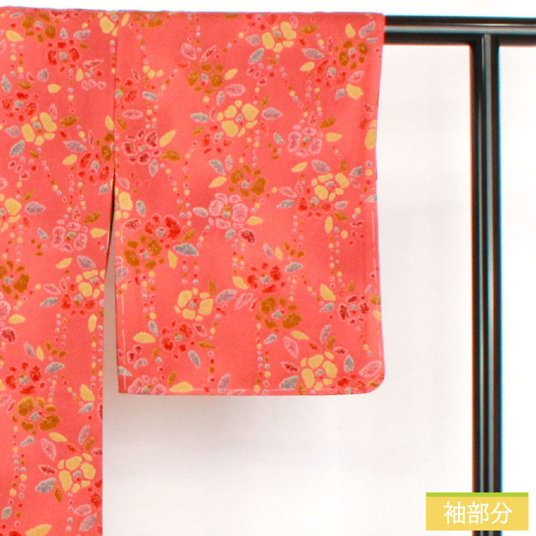 小紋 正絹 Sランク 身丈161.5cm 裄丈64cm 袷 紅絹色(もみいろ) 抽象花 部分絞り 赤系 1115007662412