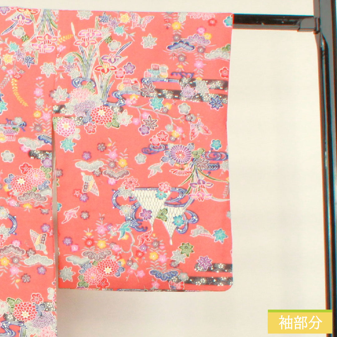 Komon, pure silk, length 161.5cm, sleeve length 64.5cm, lined, medium crimson, Kyoto Bingata, auspicious motif, S rank, pink, 1115004022413