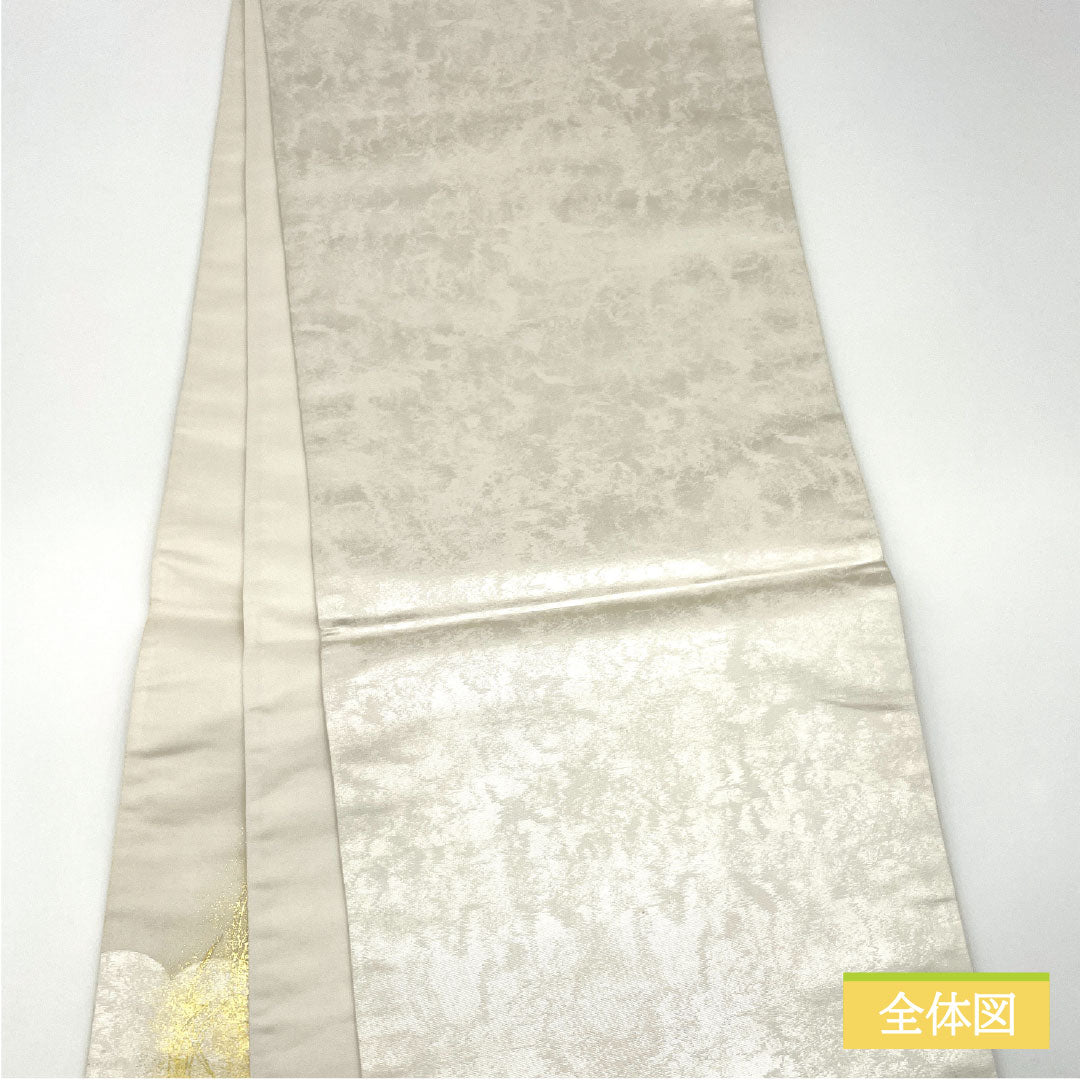 A-Rank Pure Silk Obi with Gold-Tone Leaf and Nishijin-ori Weave, Partially Embroidered, with a Folding Screen and Floral Pattern, 426cm Long, with Pointed Design, Formal, Silver, Item Number: 1123016473322