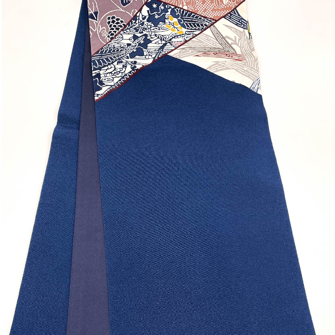 袋帯 紺鉄色(こんてついろ) 栗山工房 切りばめ風 花柄 葡萄 帯丈459cm 正絹 Sランク 六通 カジュアル 青系 1123009492417