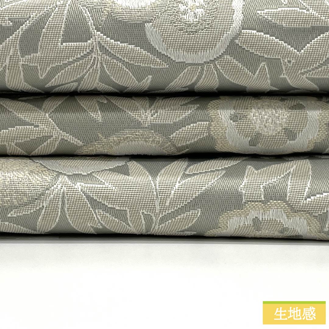 (新品)半幅帯 ポリエステル NEWランク 白練色(しろねりいろ) 梅幸茶色(ばいこうちゃいろ) 抽象花模様 横段 リバーシブル 帯丈400cm グレー系 1125002721422