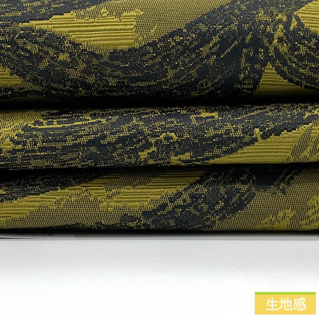 (New) Half-width obi, polyester, New rank, Rokōcha (light brown) and Torinoko (light yellow) with geometric patterns, reversible, obi length 400cm, green family, 1125002671419