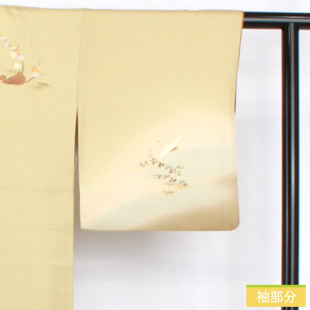 Visiting Kimono, Pure Silk, Rank B, Lined, Length 165.5cm, Sleeve Length 67cm, Pale Yellowish Brown, Gold Accents, Flowing Water and Crane Design, Yellowish Color, Product Number: 1112006904523
