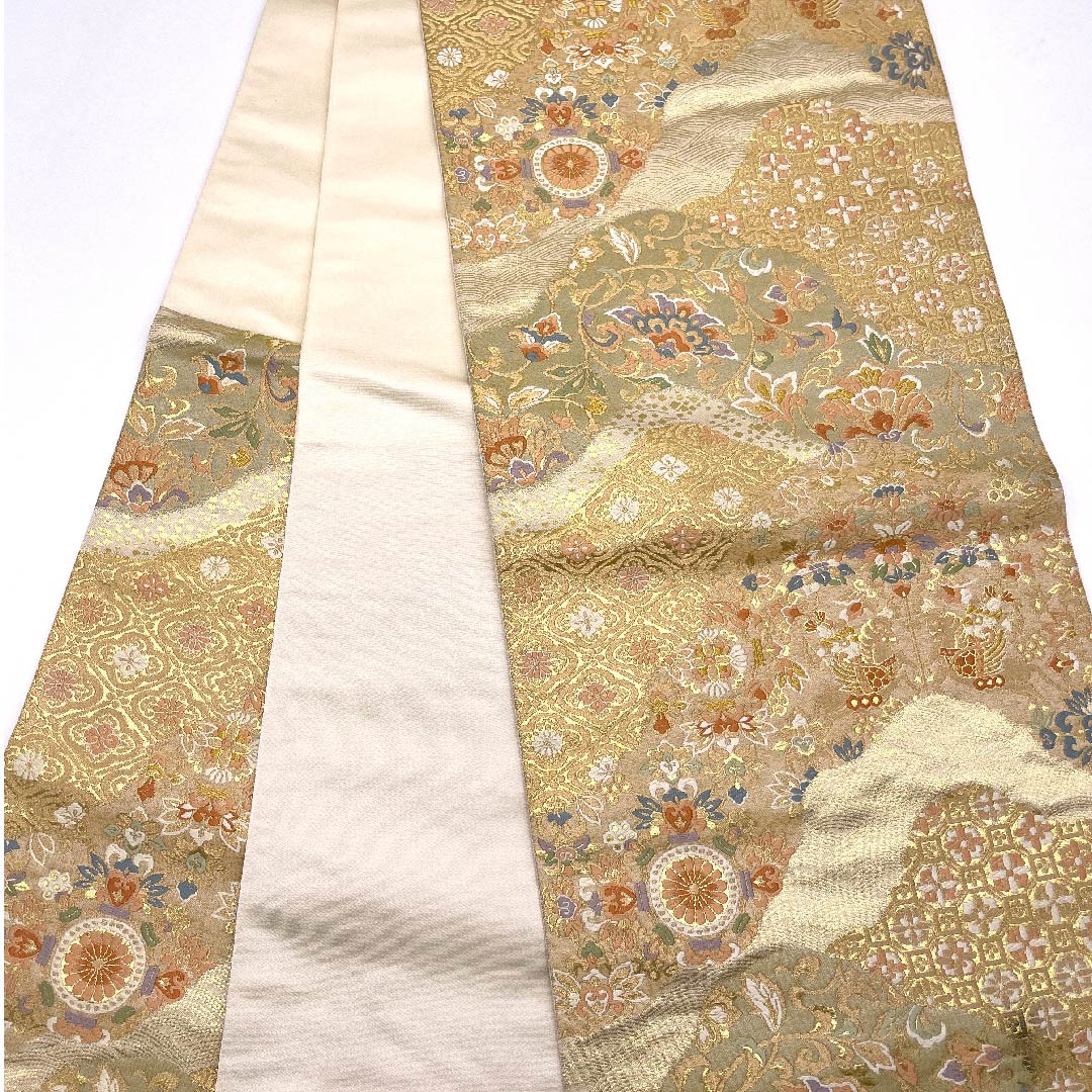 【未仕立】袋帯 正絹 Aランク 金色 吉祥文様 服部織物謹製 帯丈428cm 六通 フォーマル 金系 1123006013321