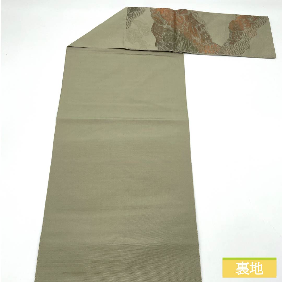Nagoya obi, yellow-grey, Hakata weave, puffed weave, Cyprus treasure, obi length 356cm, pure silk, S rank, six-pass, casual, green, 1124008202319, Matsuba style