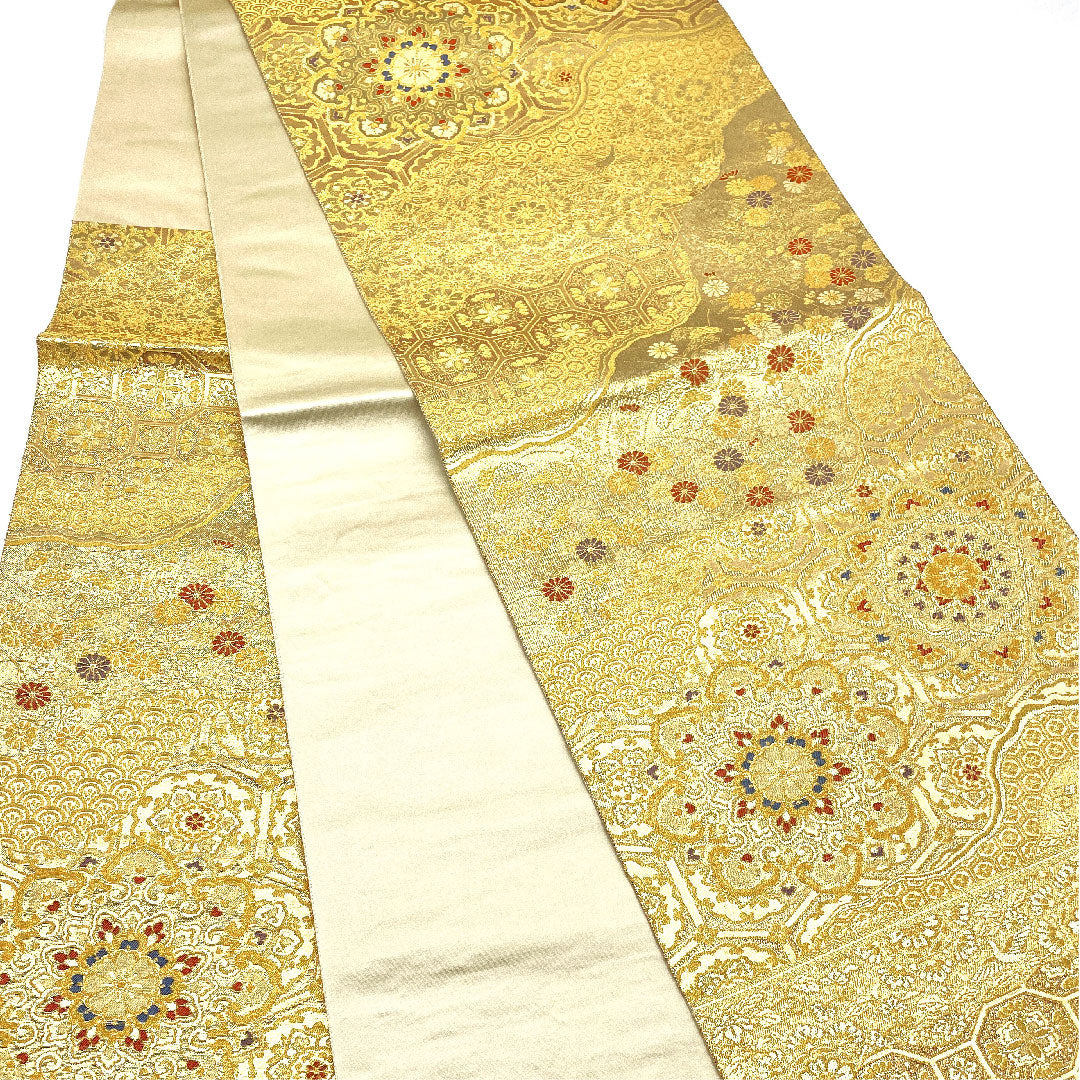 【未仕立】袋帯 正絹 Sランク 道長秋草華文 長嶋成織物 帯丈428cm 六通 フォーマル 金系 1123004692321