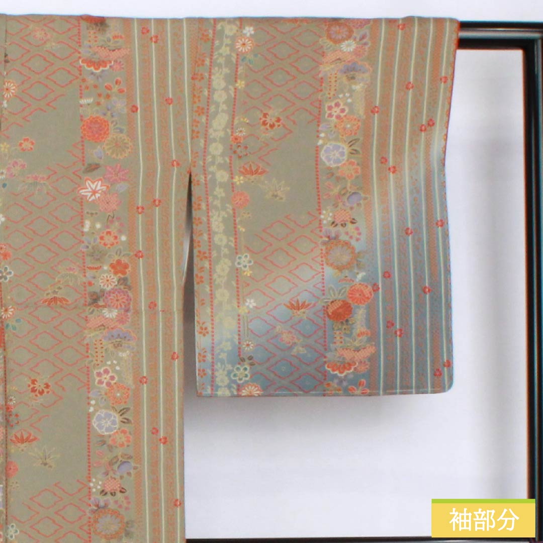 訪問着 正絹 袷 身丈160.5cm 裄丈65.5cm 利休鼠色(りきゅうねずみいろ) 型染 縞 花柄 Sランク グレー系 1112006042422