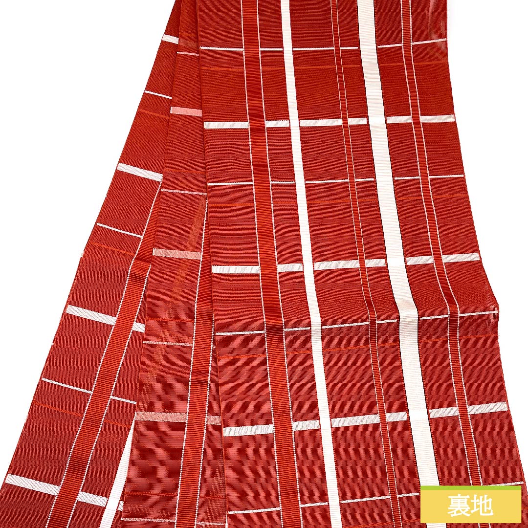 Nagoya obi, deep autumn color, summer obi, gauze, lattice, obi length 382cm, pure silk, S rank, full length, casual, red, 1124005552312, open style