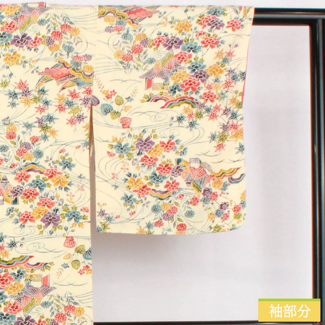 Komon, pure silk, length 158.5cm, sleeve length 64cm, lined, Neriiro (Neri-iro), stencil dyeing, Bingata style, Chayatsuji, A rank, cream color, 1115005103315