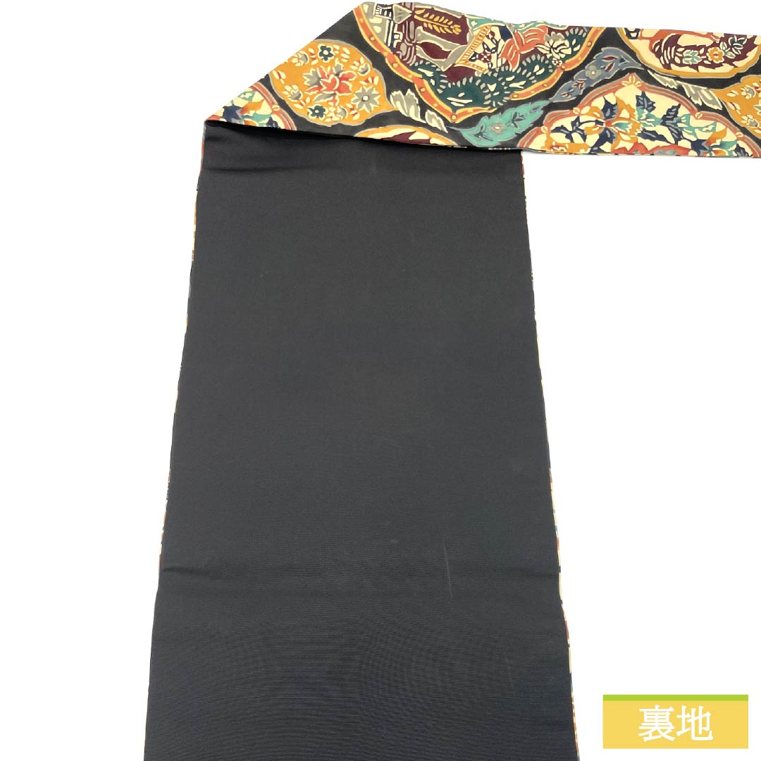 Nagoya obi, stencil-dyed, chintz pattern, obi length 360cm, pure silk, S rank, six-pass, casual, black, 1124006682310, Nagoya-made
