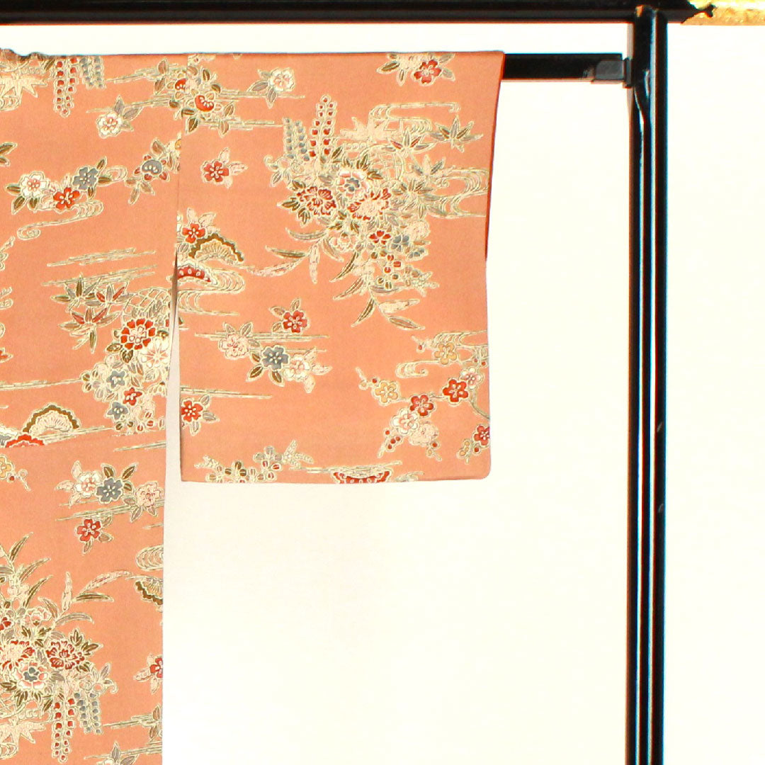 小紋 身丈154cm 裄丈61.5cm 袷 松竹梅 花籠 帛紗付き 正絹 Sランク 茶系 1115002042214
