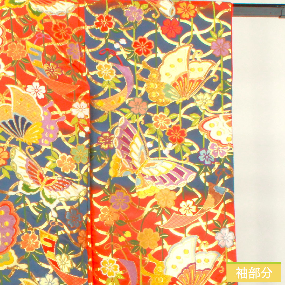 Colored uchikake, pure silk, length 192cm, sleeve length 66cm, scarlet, Karaori, butterfly, floral pattern, S rank, lined, vermilion, 1110000872916