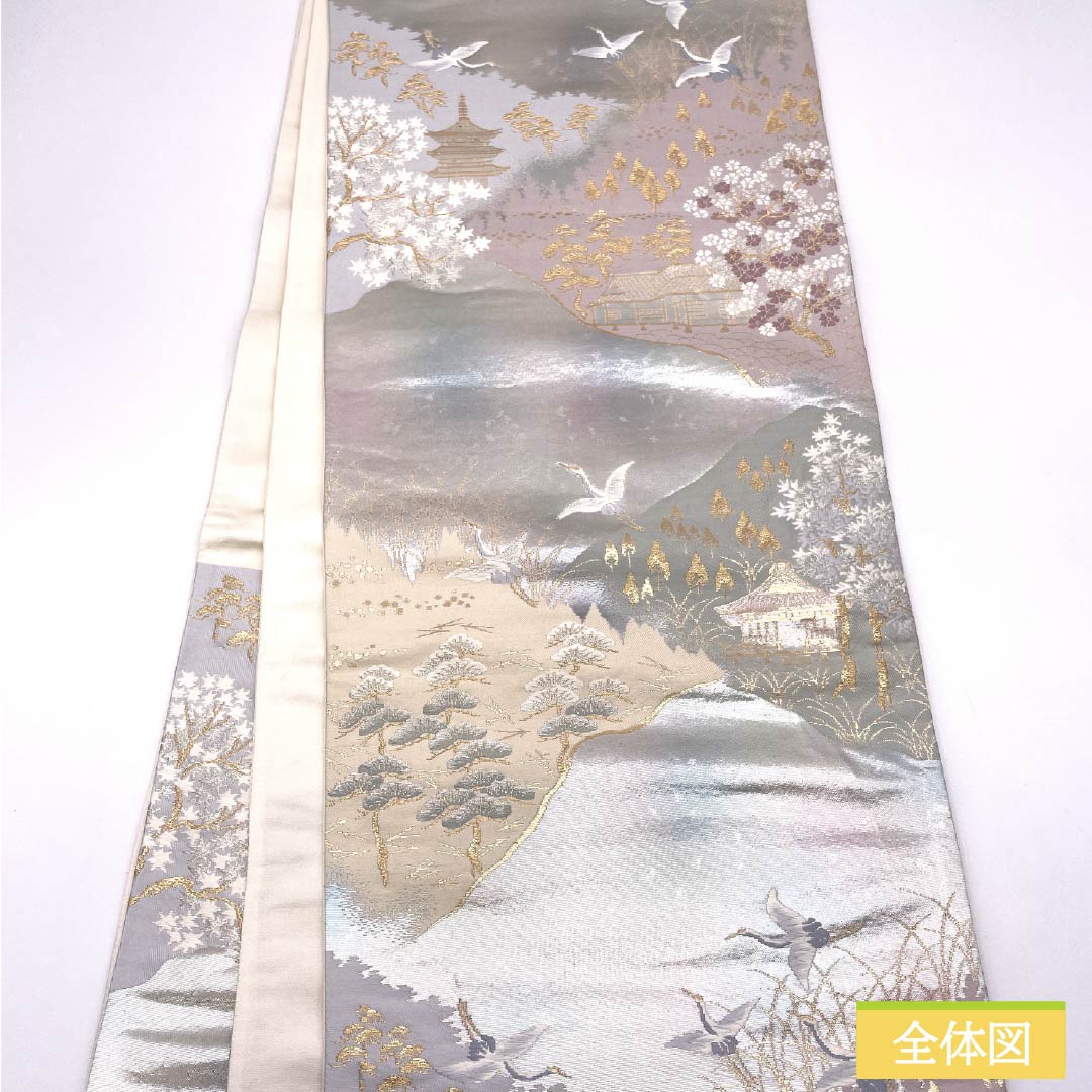袋帯 正絹 留袖用 引箔 古都みやび 風景模様 鶴 帯丈432cm Aランク 六通 フォーマル グラデーション系 1123013943399