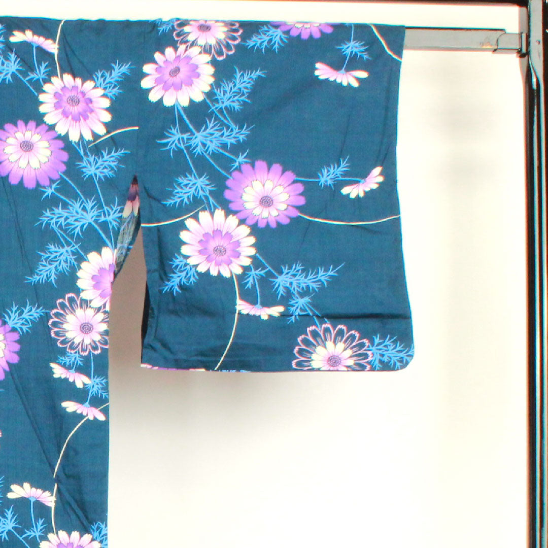 Yukata, deep blue, cosmos, cotton, A rank, single layer, length 163cm, sleeve length 66.5cm, navy blue, 1118000963418