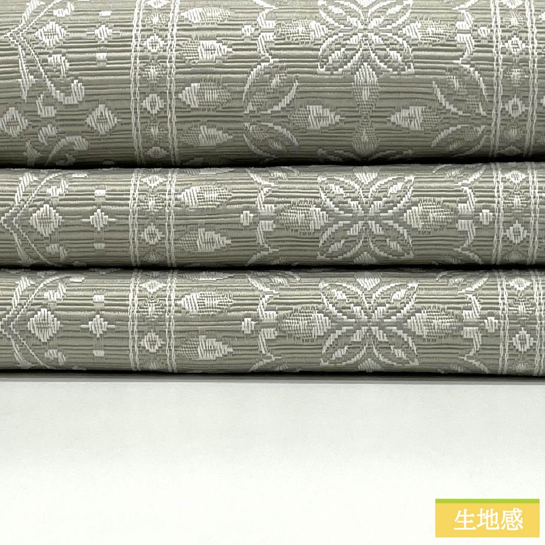 (新品)半幅帯 ポリエステル NEWランク 絹鼠色(きぬねずいろ) 梅幸茶色(ばいこうちゃいろ) 抽象花模様 リバーシブル 帯丈400cm 緑系 1125002781419