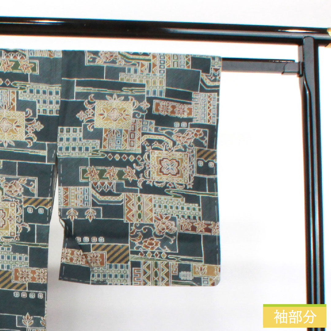 Komon, pure silk, length 156.5cm, sleeve length 65.5cm, lined, dark blue, tsumugi fabric, geometric pattern, with basting thread, S rank, blue, 1115003882317