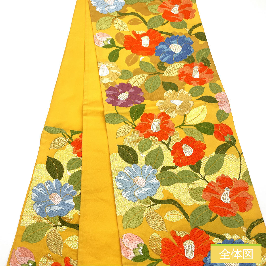 Formal, yellow-toned obi, pure silk, S-rank, Nishijin-ori (Karaori) weave, camellia pattern, length 424cm, six-pass, yellow, 1123017062323