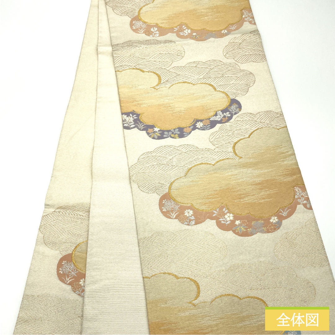 Fukuro obi, pure silk, A rank, Nishijin-ori, cloud patterns, small flowers, obi length 428cm, rokkutsu, formal, silver tones, 1123017233322